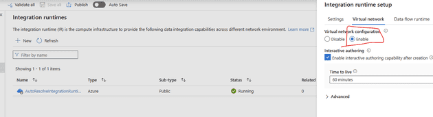 create an integration runtime that has virtual network attached