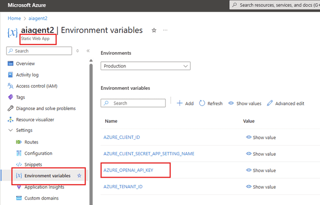add your api key to your environment variables in your static web app