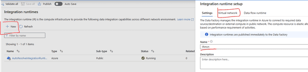 create an integration runtime that has virtual network attached